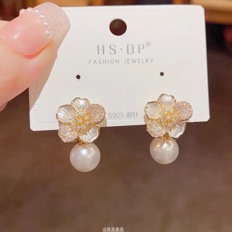 Earring Flower Pearl CZ Drop Faux