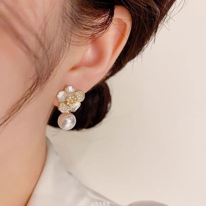 Earring Flower Pearl CZ Drop Faux