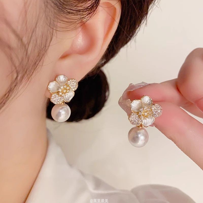 Earring Flower Pearl CZ Drop Faux