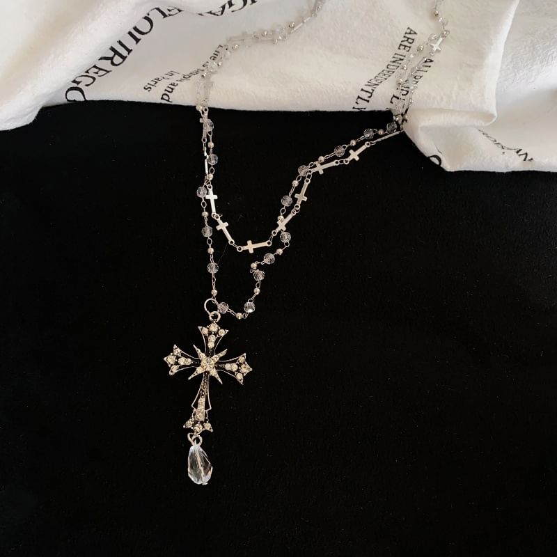 Bead Layered CZ Necklace Cross Pendant