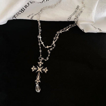 Bead Layered CZ Necklace Cross Pendant
