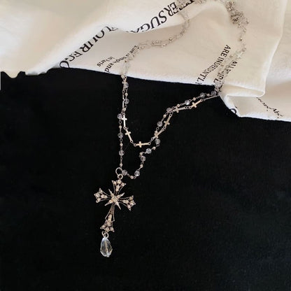 Bead Layered CZ Necklace Cross Pendant