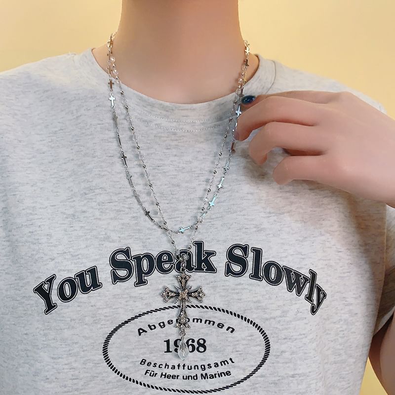 Bead Layered CZ Necklace Cross Pendant