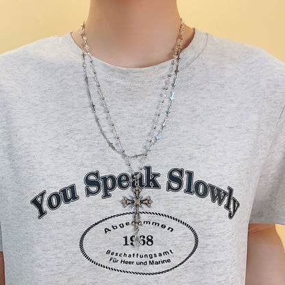 Bead Layered CZ Necklace Cross Pendant