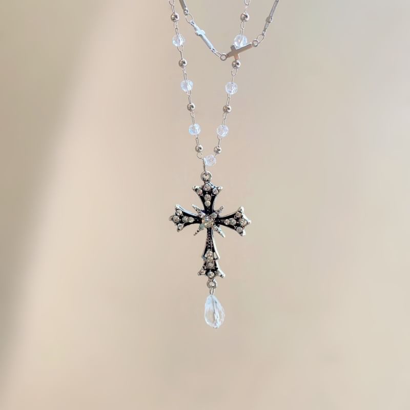 Bead Layered CZ Necklace Cross Pendant