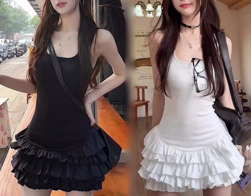 Sleeveless Plain Tiered Dress Mini