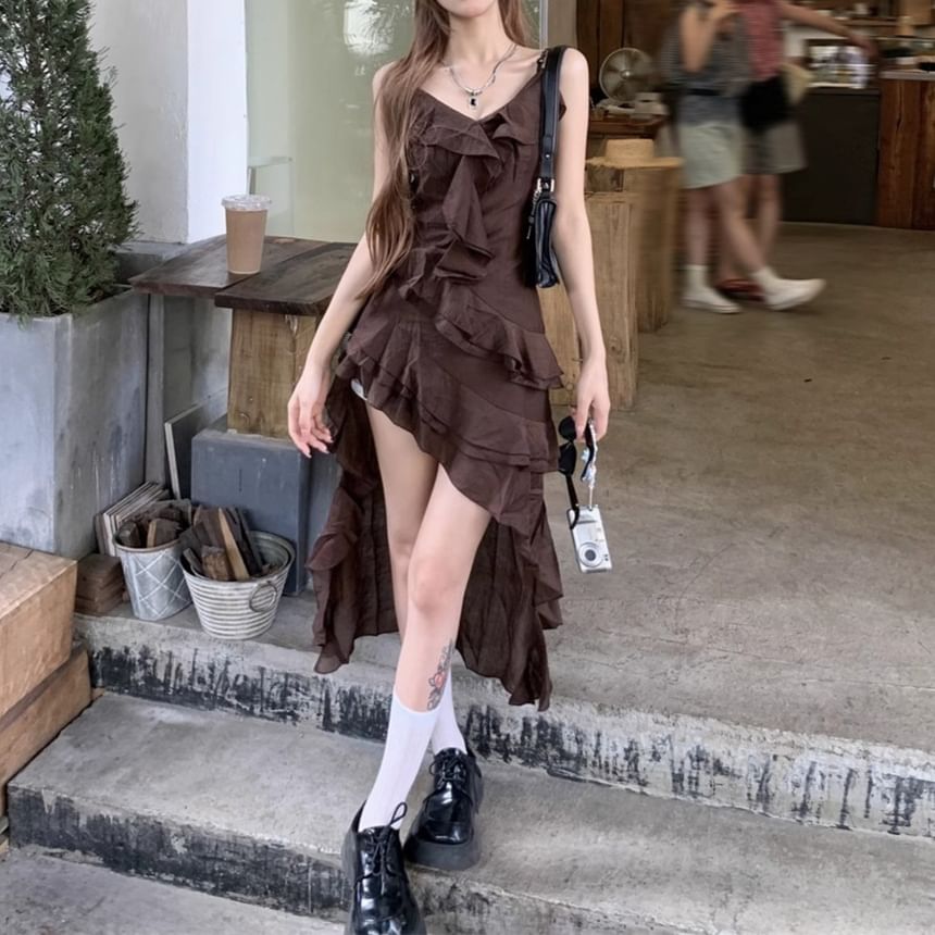 V-Neck Asymmetrical Sleeveless A-Line Dress