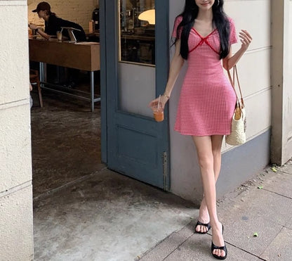 Mini Dress Short-Sleeve A-Line V-Neck Dotted