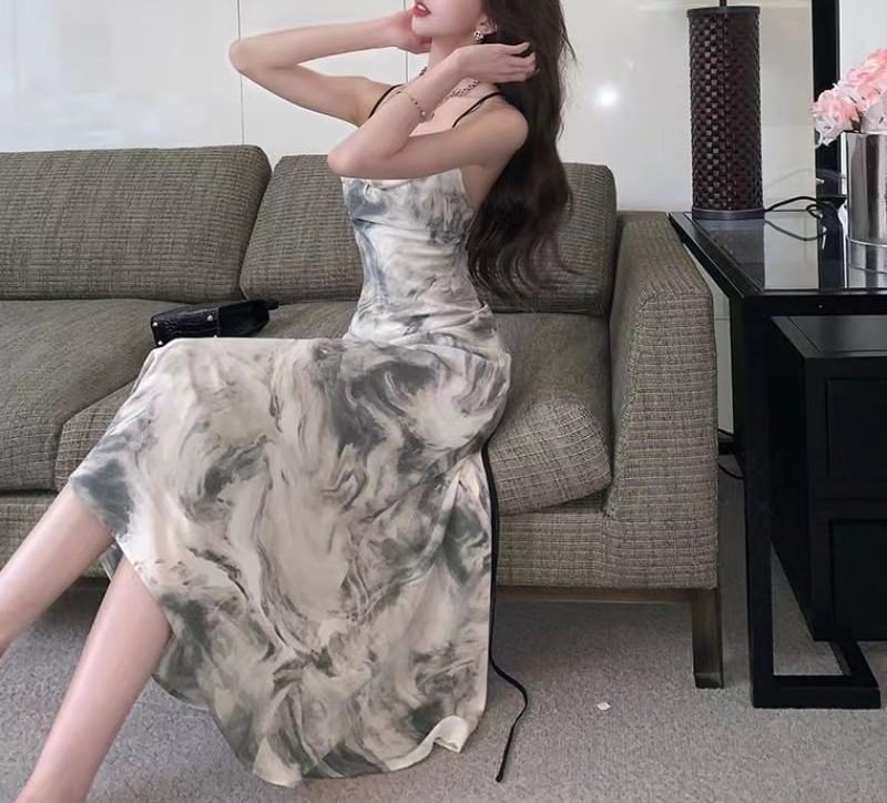 Strap A-Line Dress Maxi Spaghetti Print