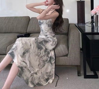 Strap A-Line Dress Maxi Spaghetti Print