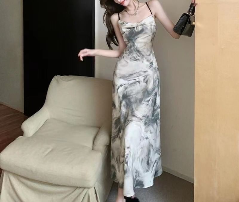 Strap A-Line Dress Maxi Spaghetti Print