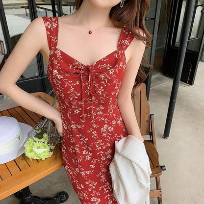 Floral V-Neck Print Maxi Sheath Sleeveless Dress