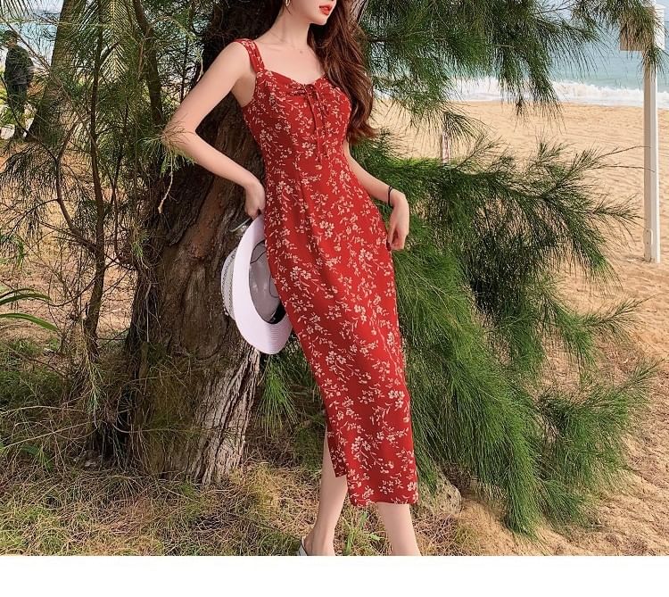 Floral V-Neck Print Maxi Sheath Sleeveless Dress