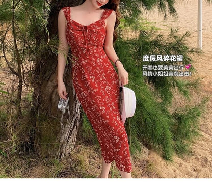 Floral V-Neck Print Maxi Sheath Sleeveless Dress