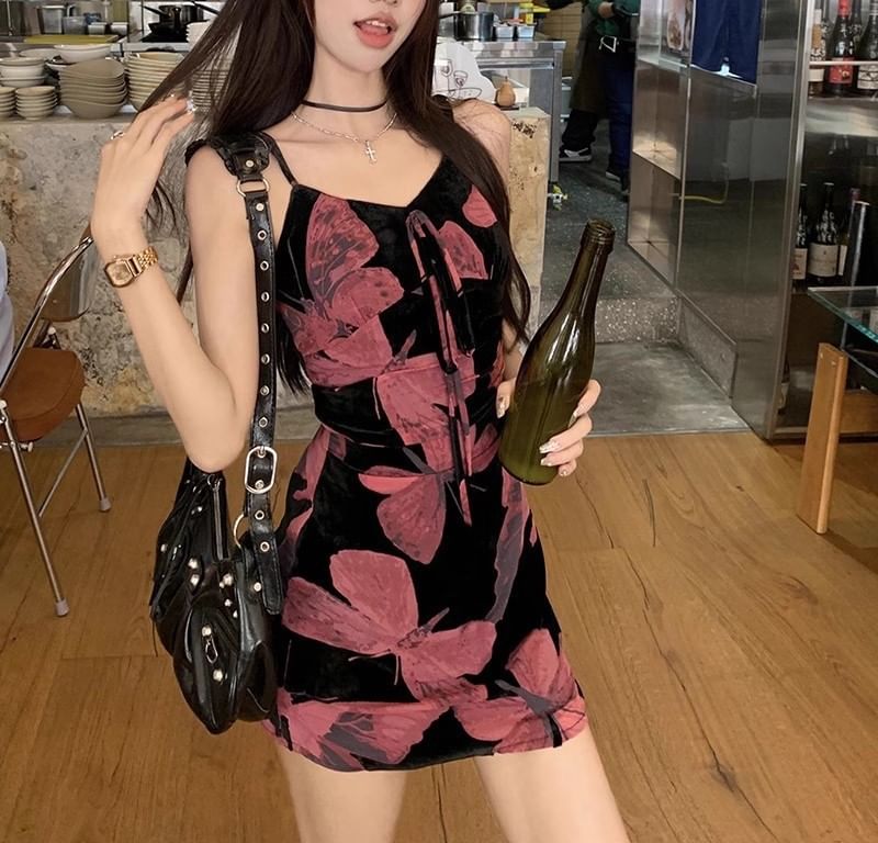 Spaghetti A-Line Print V-Neck Dress (Various Designs) Floral Strap