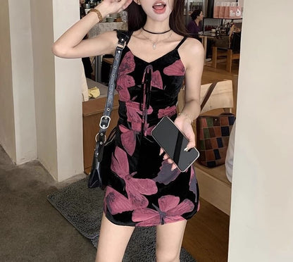 Spaghetti A-Line Print V-Neck Dress (Various Designs) Floral Strap