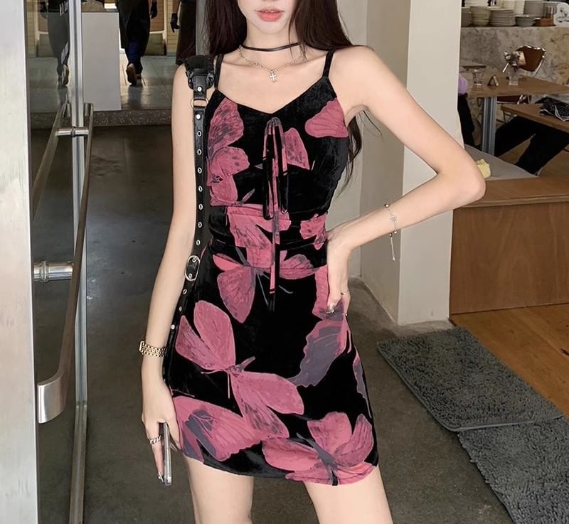 Spaghetti A-Line Print V-Neck Dress (Various Designs) Floral Strap