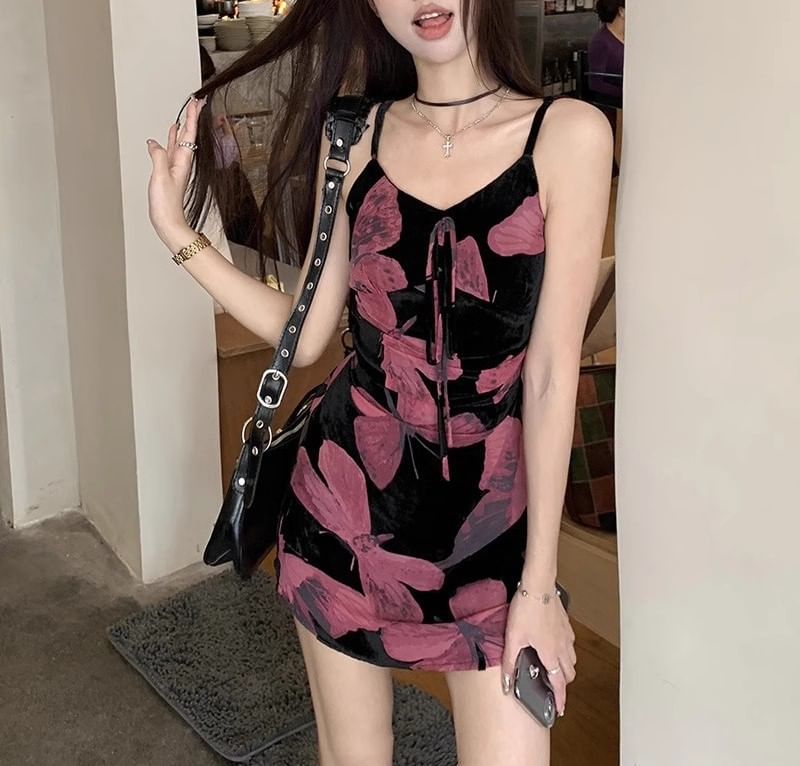 Spaghetti A-Line Print V-Neck Dress (Various Designs) Floral Strap