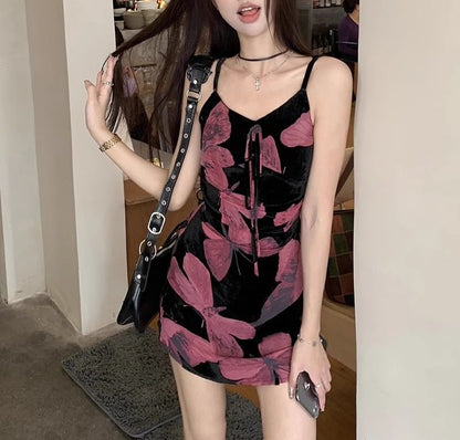 Spaghetti A-Line Print V-Neck Dress (Various Designs) Floral Strap