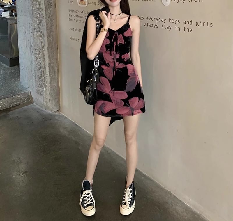 Spaghetti A-Line Print V-Neck Dress (Various Designs) Floral Strap