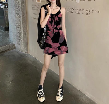 Spaghetti A-Line Print V-Neck Dress (Various Designs) Floral Strap