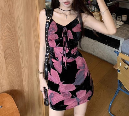 Spaghetti A-Line Print V-Neck Dress (Various Designs) Floral Strap