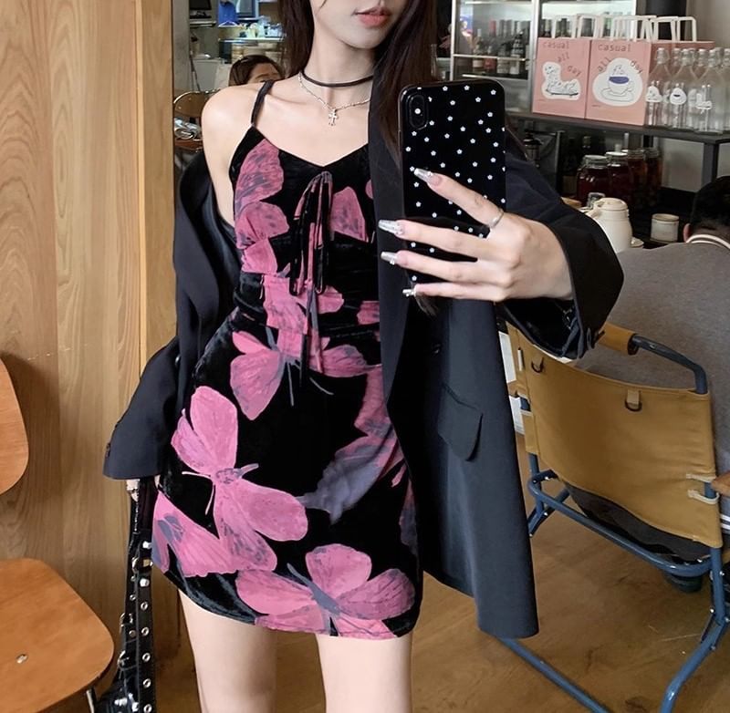 Spaghetti A-Line Print V-Neck Dress (Various Designs) Floral Strap