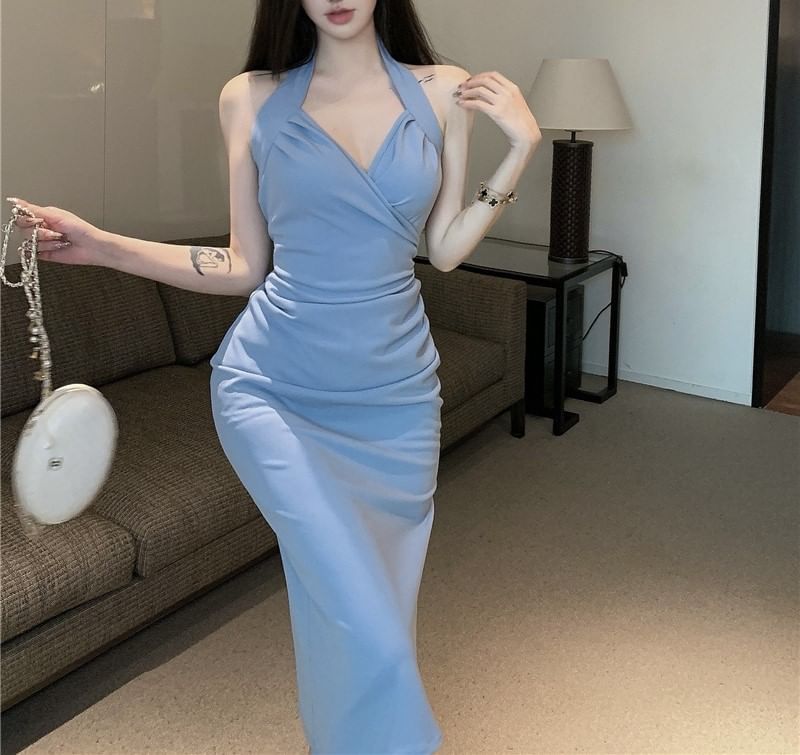 Neck Maxi Dress Halter Plain Sheath