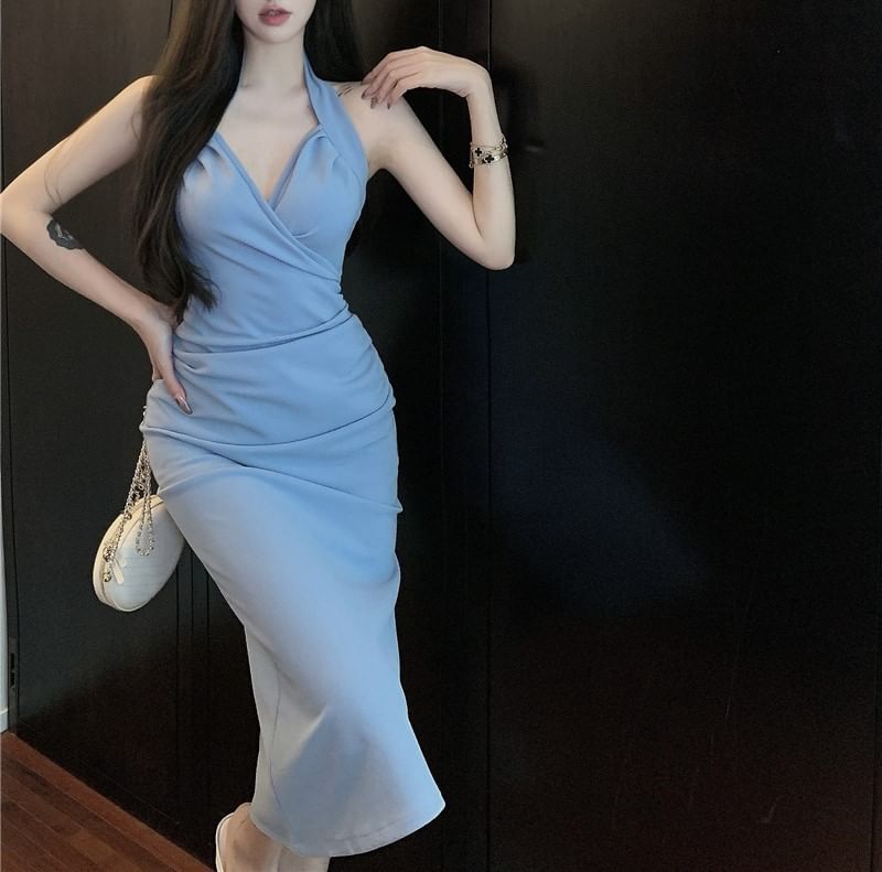 Neck Maxi Dress Halter Plain Sheath