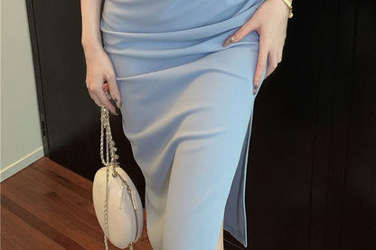 Neck Maxi Dress Halter Plain Sheath