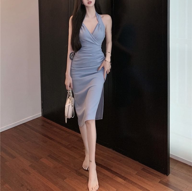 Neck Maxi Dress Halter Plain Sheath