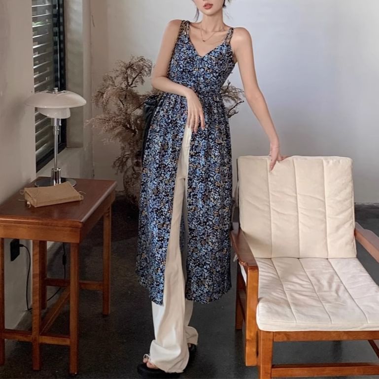 V-Neck Dress Sleeveless Print Floral Midi A-Line