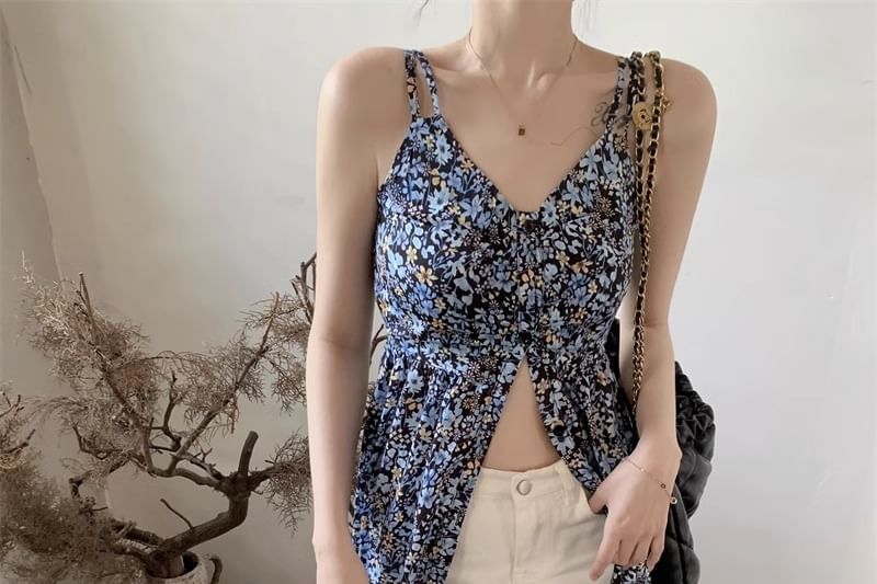 V-Neck Dress Sleeveless Print Floral Midi A-Line