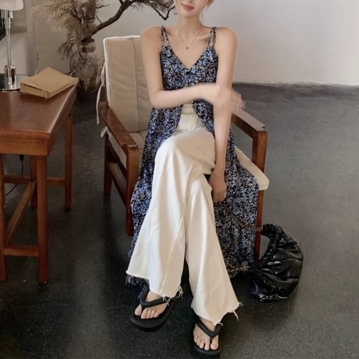 V-Neck Dress Sleeveless Print Floral Midi A-Line