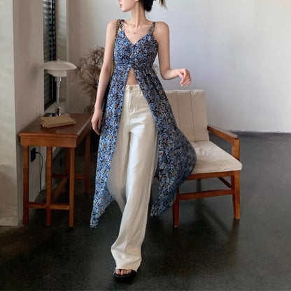 V-Neck Dress Sleeveless Print Floral Midi A-Line