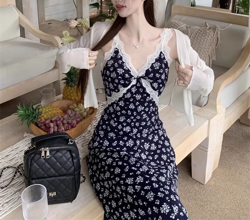 A-Line Dress Maxi / V-Neck Sleeveless Cardigan Print Floral