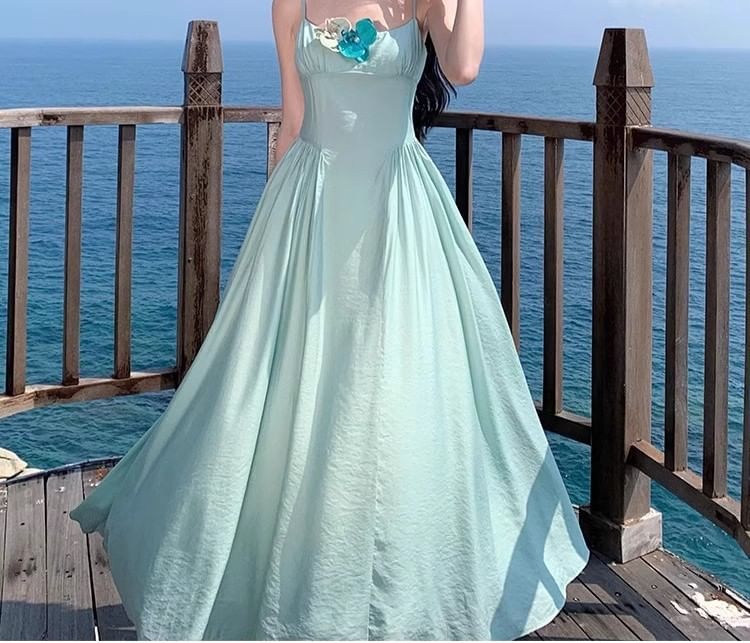 Strap Dress Spaghetti A-Line Floral Accent Maxi