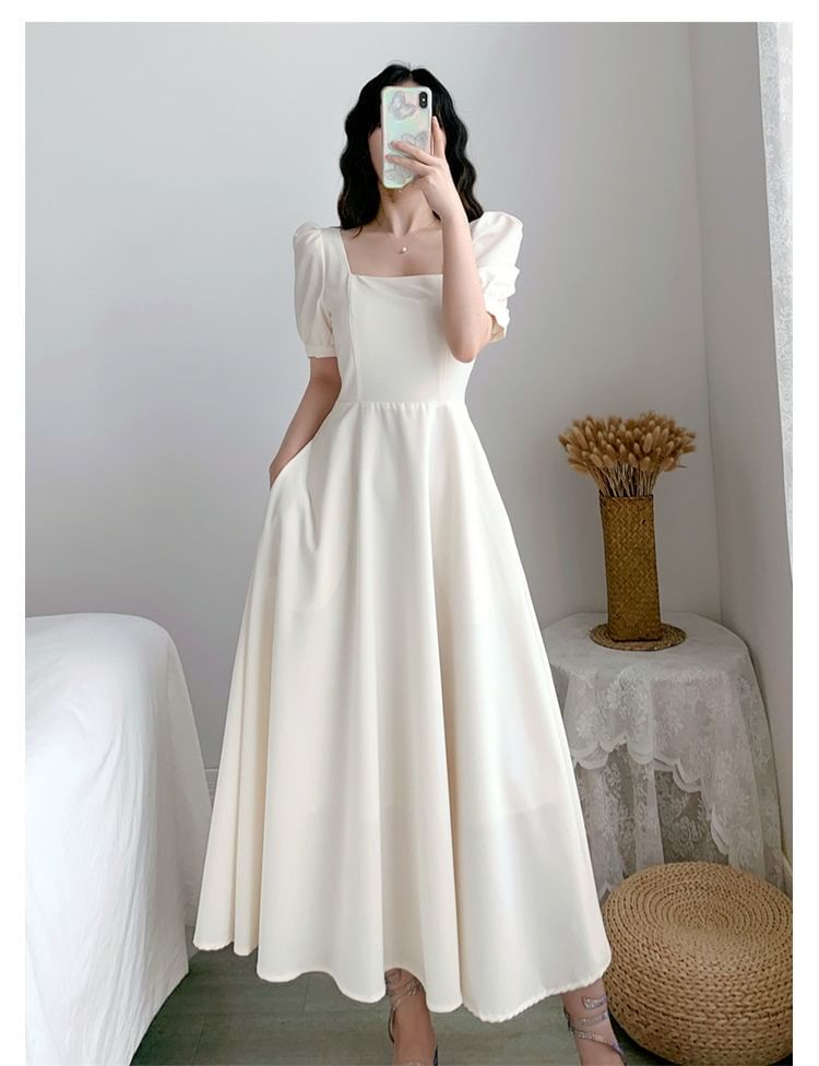 Maxi Square Short-Sleeve Neck Dress A-Line Plain