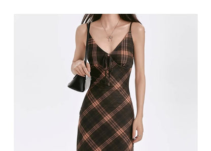 Maxi Plaid Strap Sheath V-Neck Dress Spaghetti