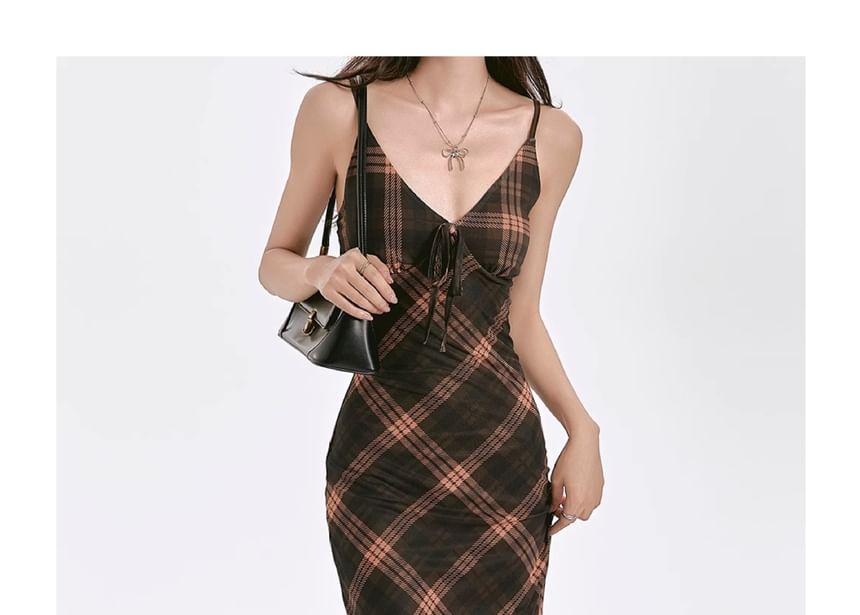 Maxi Plaid Strap Sheath V-Neck Dress Spaghetti