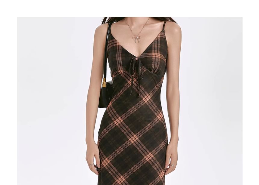 Maxi Plaid Strap Sheath V-Neck Dress Spaghetti