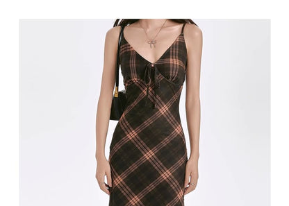 Maxi Plaid Strap Sheath V-Neck Dress Spaghetti