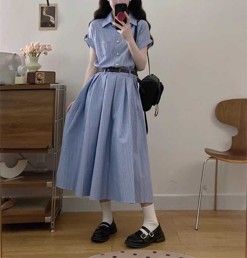 A-Line Short-Sleeve Shirt Striped Dress Maxi