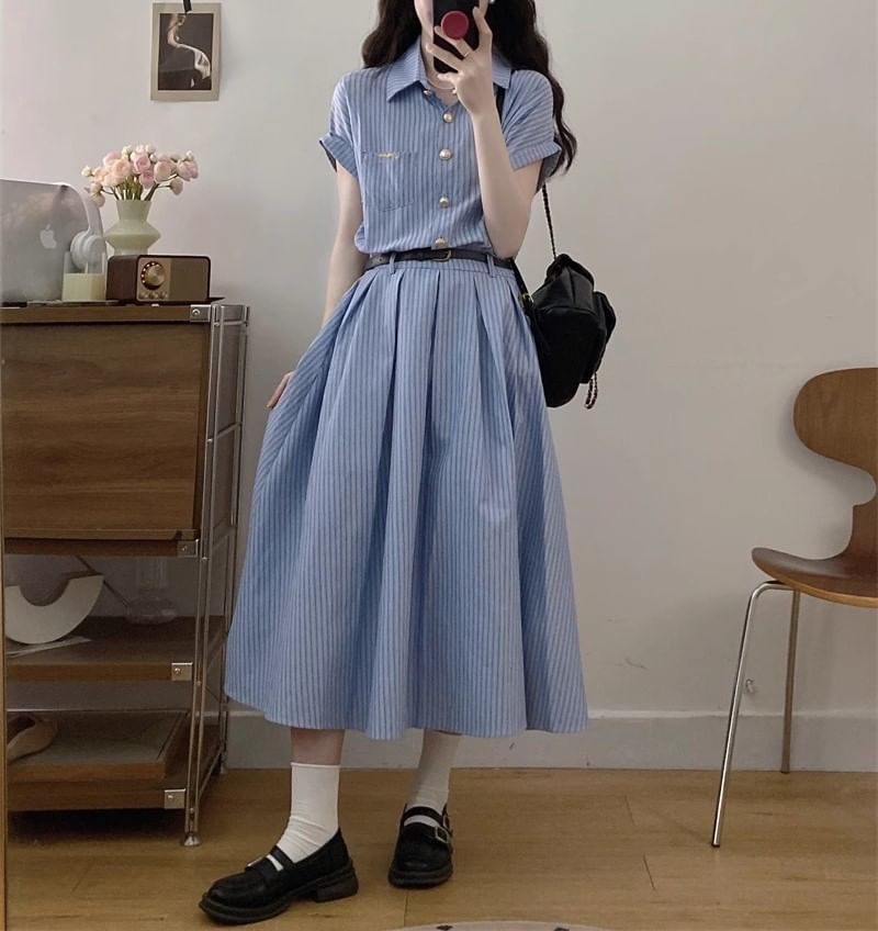A-Line Short-Sleeve Shirt Striped Dress Maxi