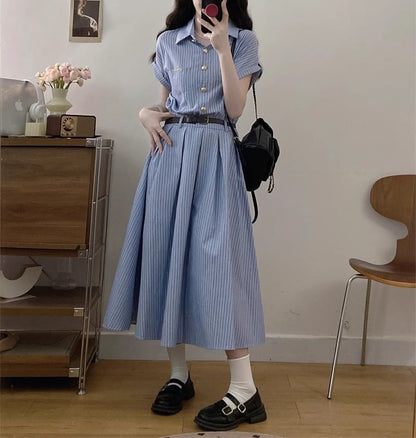 A-Line Short-Sleeve Shirt Striped Dress Maxi