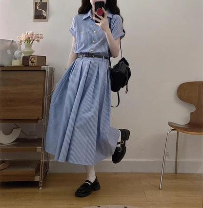 A-Line Short-Sleeve Shirt Striped Dress Maxi