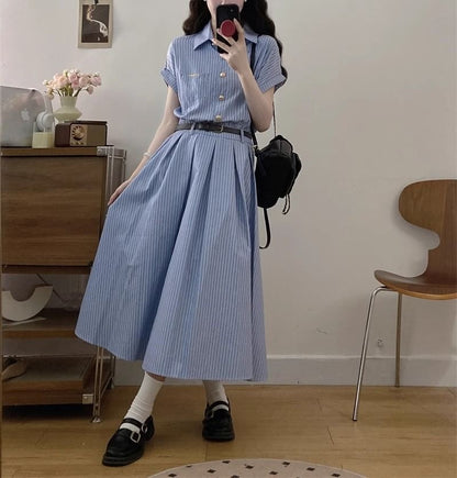 A-Line Short-Sleeve Shirt Striped Dress Maxi