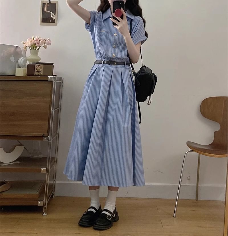 A-Line Short-Sleeve Shirt Striped Dress Maxi