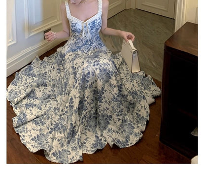 A-Line Dress V-Neck Maxi Sleeveless Floral Print