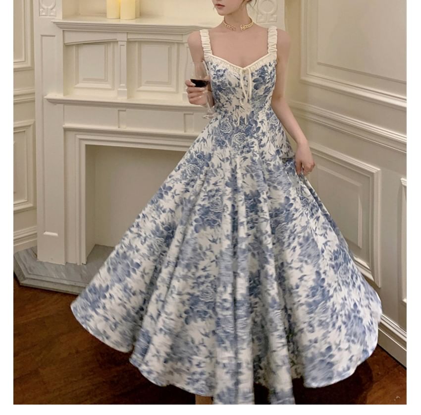 A-Line Dress V-Neck Maxi Sleeveless Floral Print